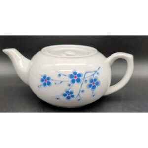 Porcelain Teapot Blue Dogwood Floral Cherry Blossom Squat